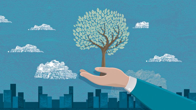 The illustration with a hand keeping the image of tree on a blue background